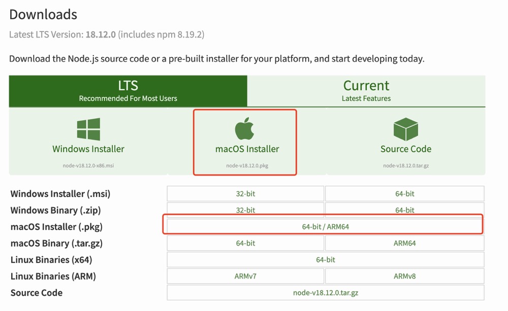 Download pkg of Node.js